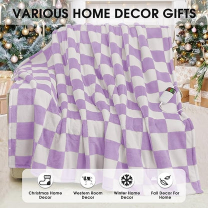 Heated Electric Blanket Throw, 50X60 Heating Blanket with 10 Heat Level & 8 Hours Auto Off for Lap, Light Purple Checkered Plaid Soft Sherpa Blankets Warmer Gifts for Couch Grandma Women Adults