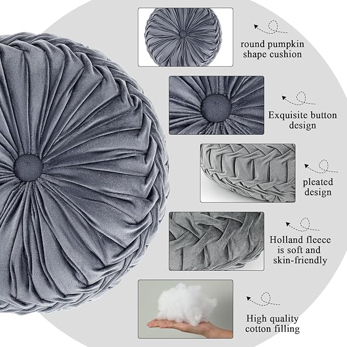 3 Pcs Round Throw Pillows Decorative Velvet Pleated Throw Pillows 15'' Diameter Accent Pumpkin Boho Chair Cushion for Couch Sofa Chair Bed Home Decoration (Black,White,Gray)