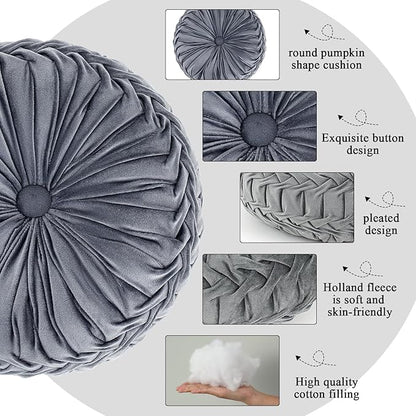 3 Pcs Round Throw Pillows Decorative Velvet Pleated Throw Pillows 15'' Diameter Accent Pumpkin Boho Chair Cushion for Couch Sofa Chair Bed Home Decoration (Black,White,Gray)