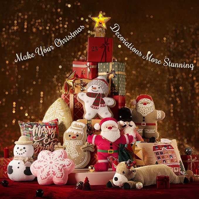 Phantoscope Gingerbread Merry Christmas Throw Pillow, Plush Teddy Xmas Gingerbread Santa Claus Shaped Pillows Christmas Decorative Pillow for Couch Living Room Bed, Beige, 20 x 16.5 inches