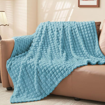 BEDELITE Washed Blue Throw Blanket Twin Size for Bed- Super Soft and Warm 3D Checkered Fluffy Fuzzy Fleece Blanket, Luxurious Plush Cozy Blanket for Room Decor Fall and Winter, 60x80 inches