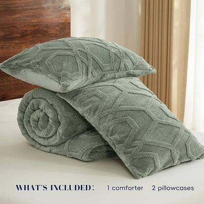 PHF Warm Sherpa Fleece Queen Comforter Set, 3D Tufted Fluffy Sage Green Bedding for Winter, Soft 3 Pieces Shaggy Bed Set, 1 Comforter (90"x90") and 2 Pillowcases (20"x26")