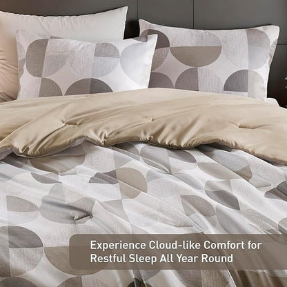 Stylish Three-Tone Printed King Size Comforter Set, 3 Pieces Ultra-Soft Microfiber Bedding Set, Warm and Cozy Comforter for All Seasons, Beige Grey