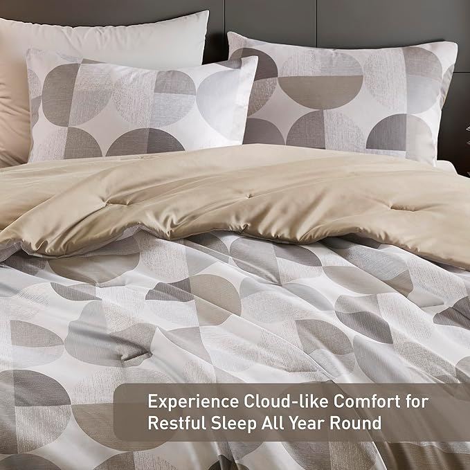 Stylish Three-Tone Printed Twin Size Comforter Set, 2 Pieces Ultra-Soft Microfiber Bedding Set, Warm and Cozy Comforter for All Seasons, Beige Grey
