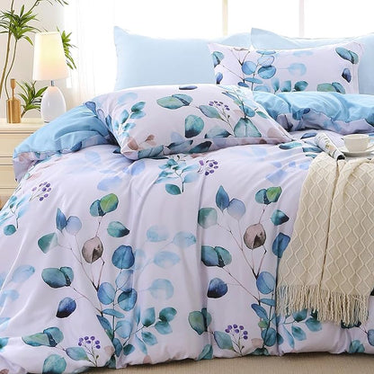 MUXHOMO Full Comforter Set, Blue Elegant Floral Print Bed in a Bag 7 Pieces, Ultra Soft & Breathable Reversible Botanical Pattern Bedding Set with Comforter, Sheets, Pillowcases, and Shams