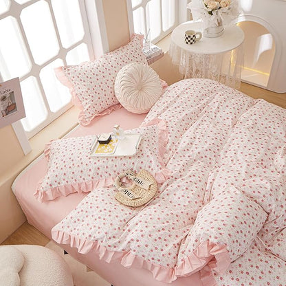 HighBuy Pink Floral Queen Comforter Set Ruffled Coquette Cottagecore Bedding Comforter for Women Girl Lightweight Fluffy Flower Comforter Set 1 Pink Striped Comforter with 2 Pillowcases