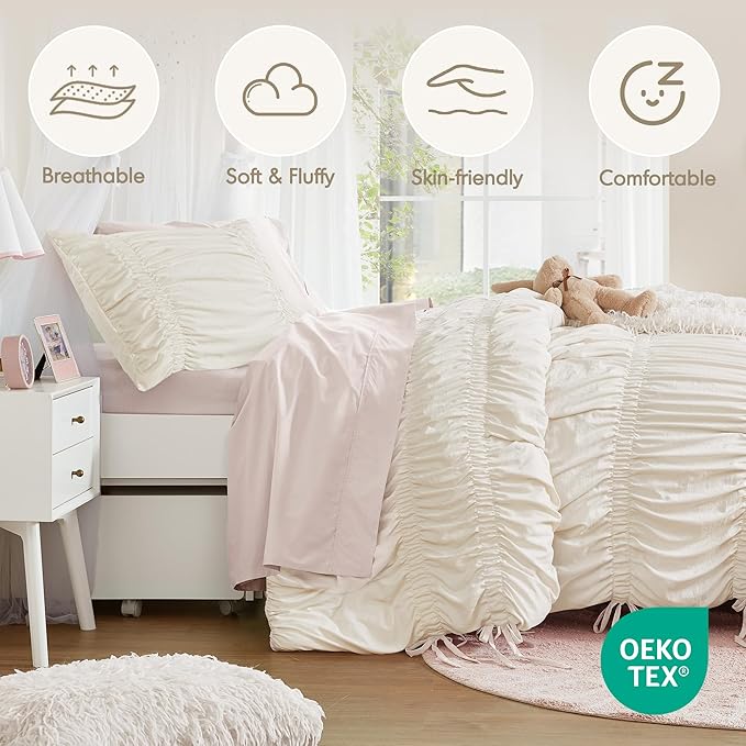 Intelligent Design Ruched Shabby Chic Comforters for Twin Size Bed, All Season Lightweight Comforter Twin, French Country Bedding Set, Sham, Ella, Twin/Twin XL, Ivory, 2 Piece