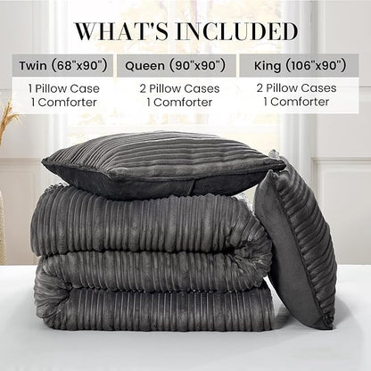 Amélie Home Luxury Flannel Fleece King Size Comforter Set,Soft Warm Striped Plush Bedding Set for Winter, 3 Pieces, 1 Cozy Comforter with 2 Pillowcases, Charcoal Gray, 106"x90"