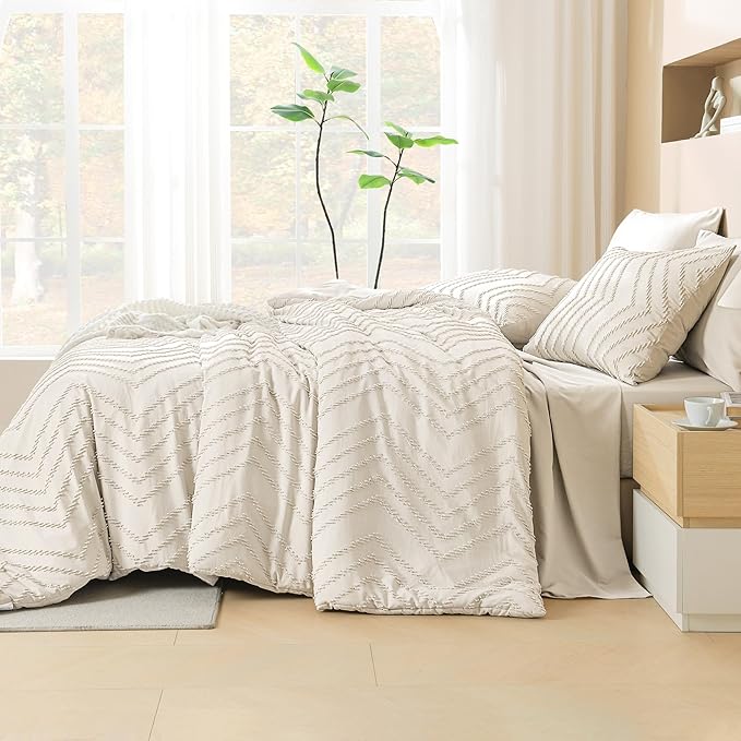Litanika Oversized King Size Comforter Set with Sheets Beige - 7 Pieces Bed in a Bag Oversized King Boho Tufted Complete Bedding Sets with Comforter, Sheets, Pillowcases & Shams