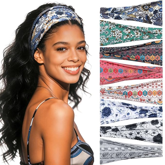 Headbands for Women, 8 Pack Non-Slip Moisture Wicking Sports Wide Head Bands, Stretchy Elastic Fabric, Multiple Colors Securing Hair for Fashion, Sports, Yoga, Running, Daily Life