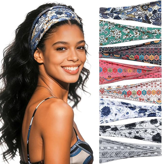 Headbands for Women, 8 Pack Non-Slip Moisture Wicking Sports Wide Head Bands, Stretchy Elastic Fabric, Multiple Colors Securing Hair for Fashion, Sports, Yoga, Running, Daily Life