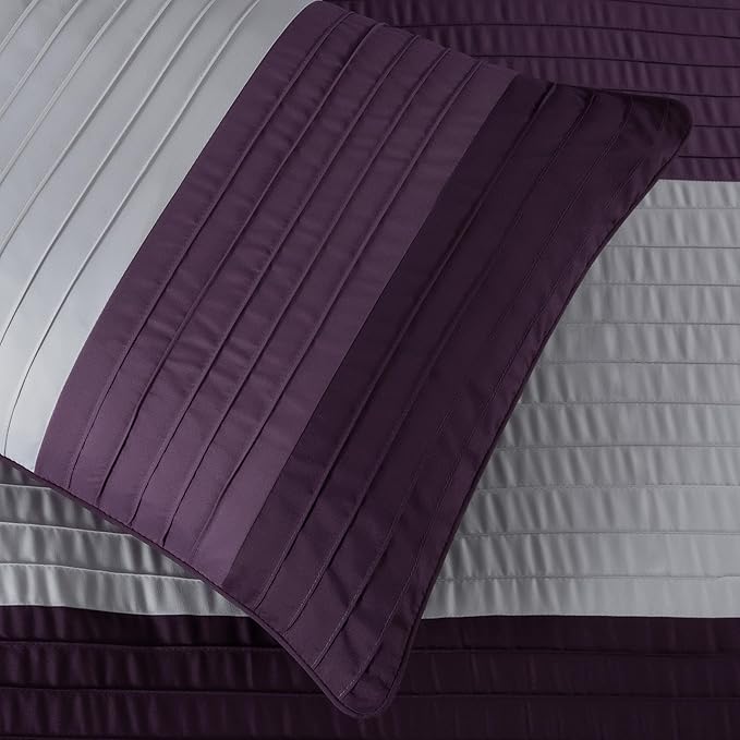 Chezmoi Collection Briar 7-Piece California King Bed in a Bag - All Season Lightweight Microfiber Comforter Set - Includes Sheets & Shams - Purple/Lavender/Gray Pleated Stripe Design