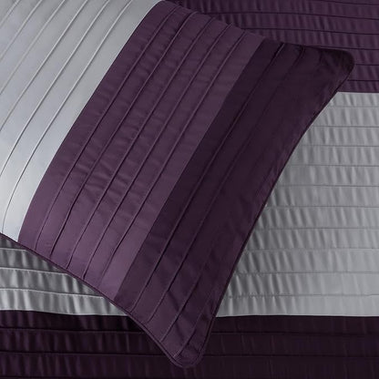 Chezmoi Collection Briar 7-Piece California King Bed in a Bag - All Season Lightweight Microfiber Comforter Set - Includes Sheets & Shams - Purple/Lavender/Gray Pleated Stripe Design