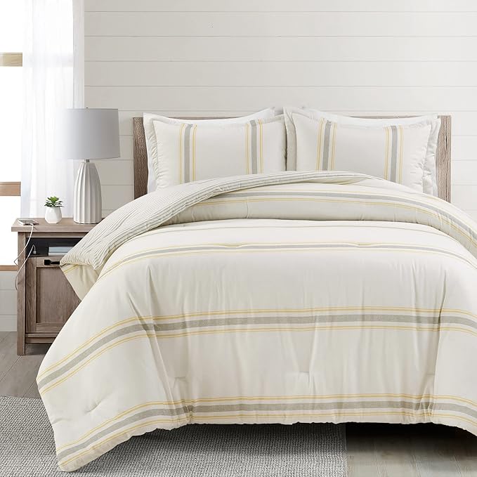 Lush Decor Farmhouse Stripe Reversible Cotton Comforter Set, 3 Piece Set, King, Yellow & Gray - Cozy Farmhouse Bedding Set - Rustic Decor - Striped Comforter - Modern Farmhouse Bedroom Decor