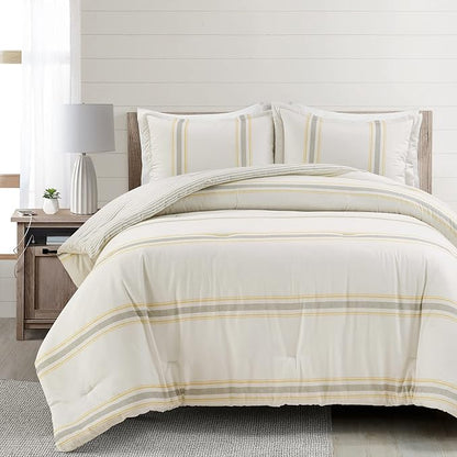 Lush Decor Farmhouse Stripe Reversible Cotton Comforter Set, 3 Piece Set, King, Yellow & Gray - Cozy Farmhouse Bedding Set - Rustic Decor - Striped Comforter - Modern Farmhouse Bedroom Decor