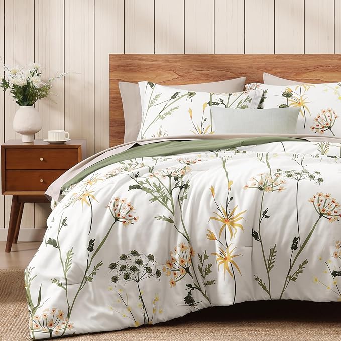 WRENSONGE King Size Comforter Set-7 Pieces Botanical Dandelion Bed in a Bag with Flowers Pattern, Soft Floral Complete Bedding Set with Sheets for All Season