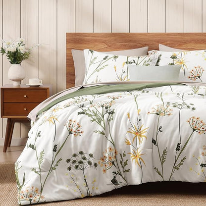 WRENSONGE King Size Comforter Set-7 Pieces Botanical Dandelion Bed in a Bag with Flowers Pattern, Soft Floral Complete Bedding Set with Sheets for All Season