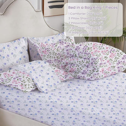 Floral Queen Comforter Set with Sheets, 7 Piece Luxury Vintage Bedding, Soft Microfiber Bed in a Bag, Cozy Lightweight Bed Set, Purple Flower Green Leaf
