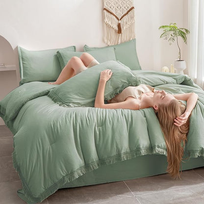 Andency Sage Green Comforter Set King Size with Sheets -7 Pieces Boho Tassel Bed in a Bag Soft Lightweight Bedding Sets, All Season Fringe Bed Set with Comforter, Sheets, Pillowcases & Shams