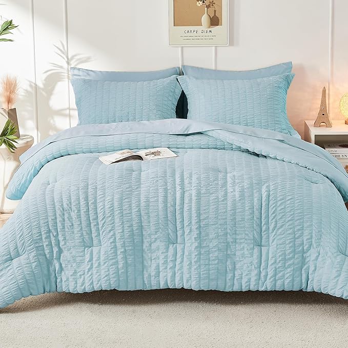 HYMOKEGE Lake Blue Queen Comforter Set Seersucker 7 Pieces, All Season Luxury Bed in a Bag for Bedroom, Bedding Set with Comforters, Sheets, Pillowcases & Shams