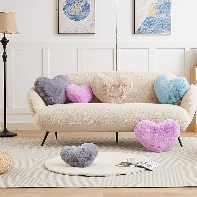 YRXRUS Heart Pillows, Love Heart Shaped Pillow, Small Cute Grey Heart Pillows for Gifts, Faux Rabbit Throw Pillows for Her, Kids, Girls Home Decoration, 10X11 Inch
