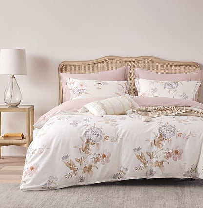 Vintage Natural Cotton Comforter King Size 3Pcs - Brown & Lilac Gray Branches and Soft Blush Flowers on Off-White, Lightweight Reversible Floral Bedding Sets(King,104"×90")