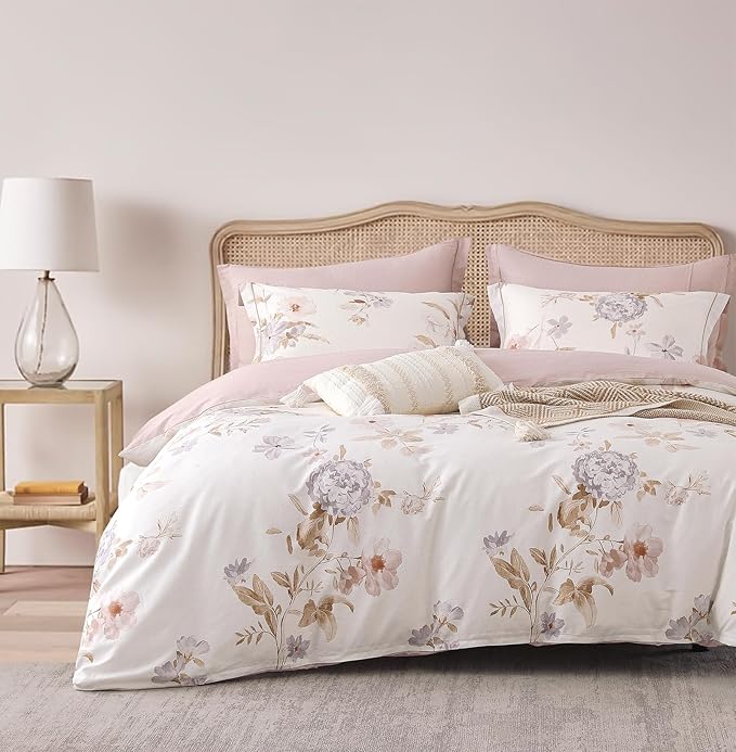 Vintage Natural Cotton Comforter Queen Size 3Pcs - Brown & Lilac Gray Branches and Soft Blush Flowers on Off-White, Lightweight Reversible Floral Bedding Sets(Full/Queen,90"×90")