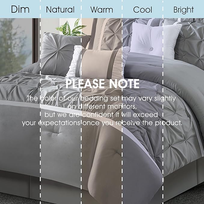 Grey Comforter Set, King, 7 Piece Bed in a Bag, Microfiber Handcrafted Pintucking, All Season Bedding Set with Comforter, Bedskirt, Pillow Shams and Decro Pillows