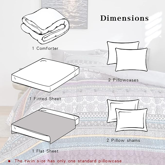Flysheep Bohemian Bed in a Bag 7 Pieces King Size, Colorful Boho Purple Orange Gray Stripes Reversible Bed Comforter Set (1 Comforter, 1 Flat Sheet, 1 Fitted Sheet, 2 Pillow Shams, 2 Pillowcases)