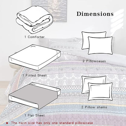 Flysheep Bohemian Bed in a Bag 7 Pieces King Size, Colorful Boho Purple Orange Gray Stripes Reversible Bed Comforter Set (1 Comforter, 1 Flat Sheet, 1 Fitted Sheet, 2 Pillow Shams, 2 Pillowcases)