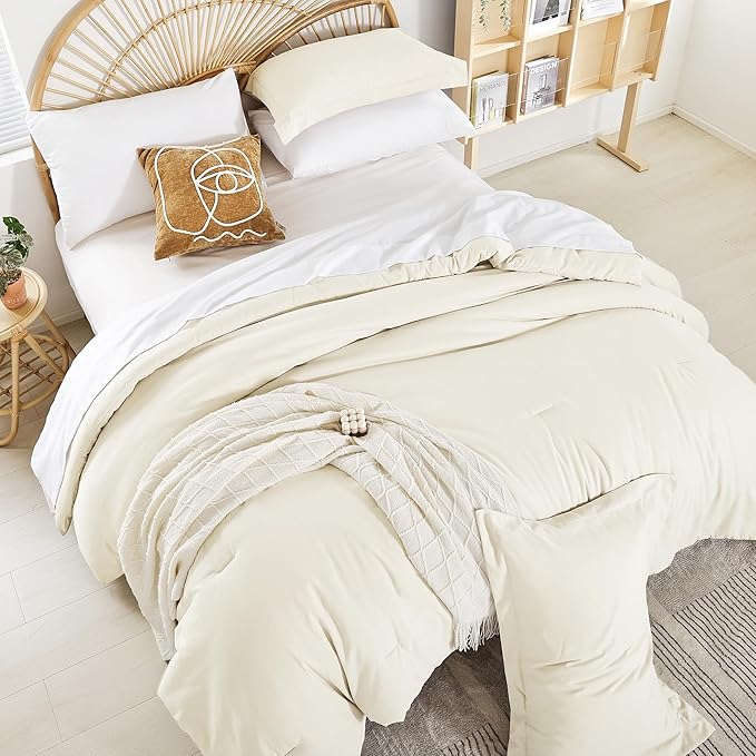 weigelia Queen Comforter Set 7 Pieces Bed Comforter Set Ivory Comforter Queen Size Bed in a Bag Bedding Set with Fitted Sheets, Flat Sheets, Pillow Shams, and Pillowcases