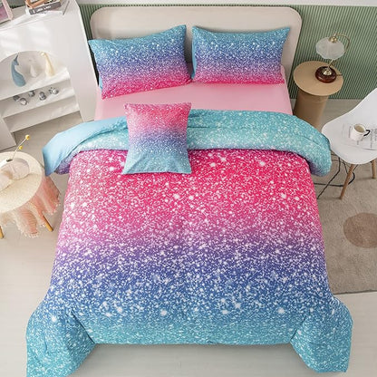 PERFEMET Girls Twin Size 6 Piece Bed in A Bag 3D Colorful Rainbow Bedding Comforter Sheet Set for Kids - (1 Comforter, 1 Flat Sheet, 1 Fitted Sheet, 2 Pillowcases, 1 Cushion Cover)