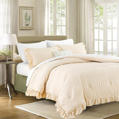 Twin Comforter Set, Seersucker Vintage Comforter Ultra-Soft Bedding Set Twin/Twin XL 3 Piece Set, Down Alternative Light Weight Comforter Set (Beige, Twin 68"x90")