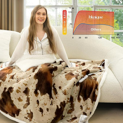 Cow Print Heated Throw Blanket Electric Blanket-Heating Blanket Throw with 10 Heat Levels & 10 Hours Auto-Off, Cozy Soft Fleece Sherpa, Washable, 50 x 60 Inches Cow Print Apricot