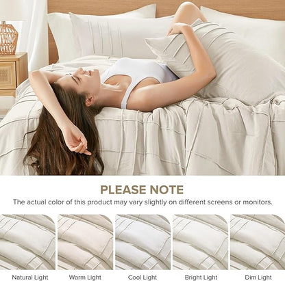 Comfort Spaces Cream Queen Size Comforter Set - 3 Pieces Pintuck Pleated Bedding Sets, All Season Lightweight, Extra Softness Pre-Washed Microfiber Queen Bed Set, Shams