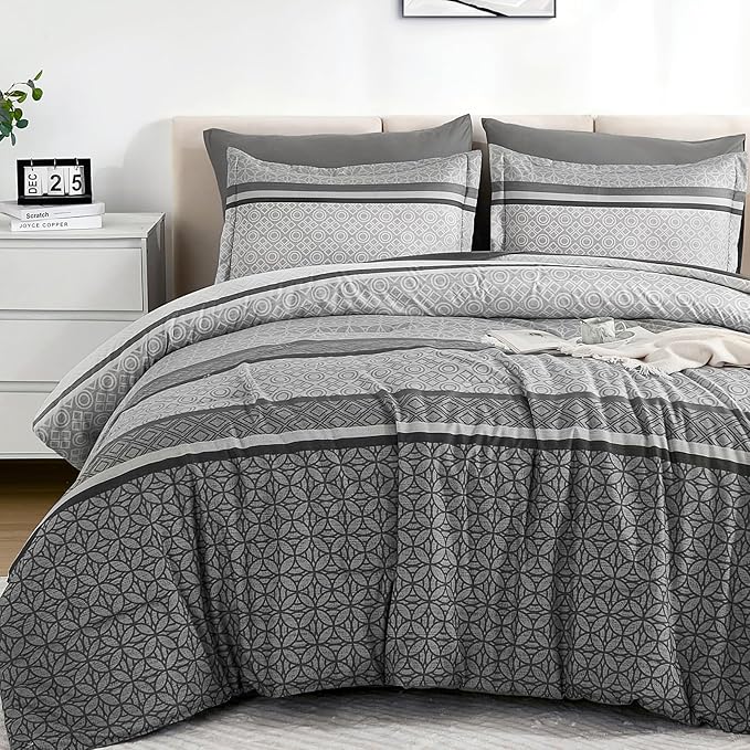 WONGS BEDDING Grey Comforter Set Queen Size, 7 Pieces Striped Bed in a Bag Comforter and Sheet Set, Bohemian Soft Lightweight Micorfiber Bedding Set for All Seaon (90"×90")