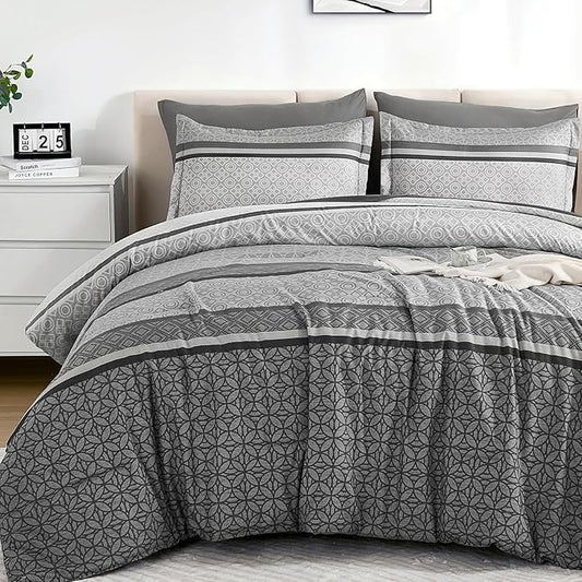 WONGS BEDDING Grey Comforter Set Queen Size, 7 Pieces Striped Bed in a Bag Comforter and Sheet Set, Bohemian Soft Lightweight Micorfiber Bedding Set for All Seaon (90"×90")