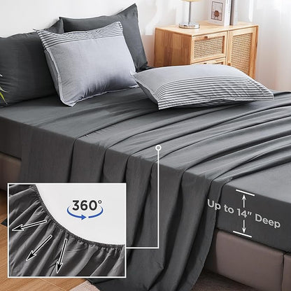 Andency Comforter Set Blue Grey Oversized King(120"x98")- 7 Pieces Striped Lightweight Bed in a Bag, Soft Reversible Bedding Set with Comforter, Fitted & Flat Sheet, Pillowcases & Shams