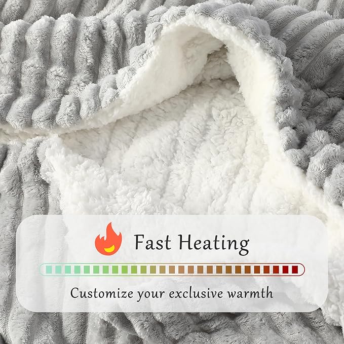 Electric Blanket Heated Throw Blanket, Super Soft Flannel & Sherpa Electric Throw Blanket with 6 Fast Heating Levels, 4 Hours Auto Off & OverHeat Protection, Machine Washable, 50'' X 60'', Light Gray
