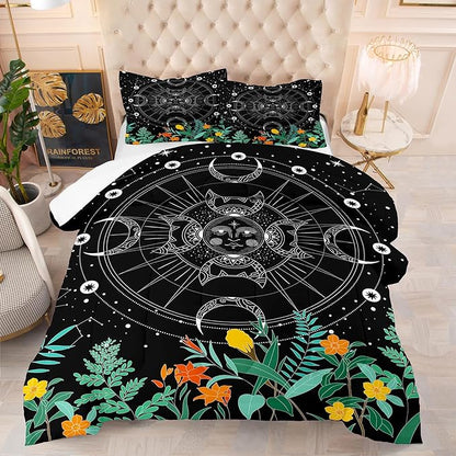 Tailor Shop Celestial Bedding King Size,Sun and Moon Bedding for Boys Girls Kids Teens,Galaxy Comforter,Gothic Comforter Witchy Comforter Boho Exotic Black Bed with 2 Pillowcases, Yh-sun and Moon 19