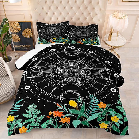 Tailor Shop Celestial Bedding King Size,Sun and Moon Bedding for Boys Girls Kids Teens,Galaxy Comforter,Gothic Comforter Witchy Comforter Boho Exotic Black Bed with 2 Pillowcases, Yh-sun and Moon 19