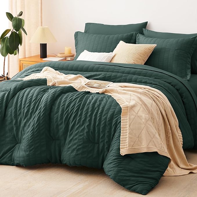 CozyLux Oversized Queen Comforter Set Forest Green Seersucker 7 Pieces 98x98 Bed in a Bag Comforter Set with Sheets, Luxury Bedding Sets with Down Alternative Comforter, Sheets, Pillowcases & Shams