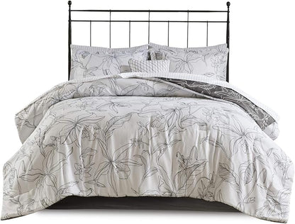 Madison Park Essentials Cozy Bed In A Bag Comforter with Complete Cotton Sheet Set - Trendy Floral Design All Season Cover, Decorative Pillow, Full(78"x86"), White/Charcoal 9 Piece