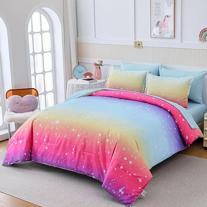 Drucon Girls Comforter Set Twin, 6 Pieces Bed in A Bag Gradient Colorful Pink Blue Ombre Glitter Bedding Set (1 Comforter, 1 Flat Sheet, 1 Fitted Sheet, 1 Pillow sham, 2 Pillowcases)
