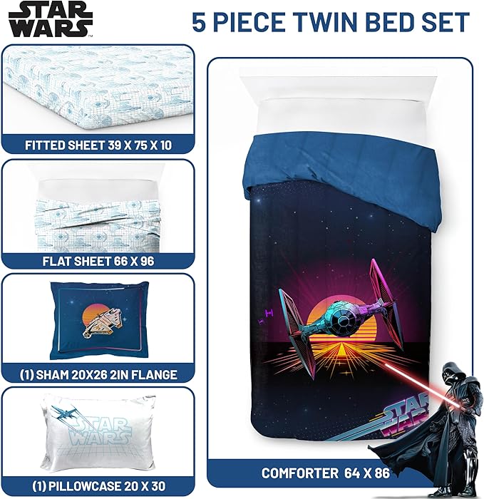 Jay Franco Kids Comforter Set Includes Sheets and Pillow Covers - Soft and Cozy Bed Set for Stylish Room Decor, Blue - Star Wars 02, 5 Piece Twin Size Bedding
