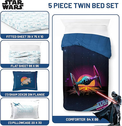 Jay Franco Kids Comforter Set Includes Sheets and Pillow Covers - Soft and Cozy Bed Set for Stylish Room Decor, Blue - Star Wars 02, 5 Piece Twin Size Bedding