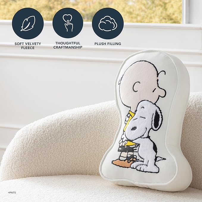 Berkshire Peanuts® Plush Throw Pillow, Gift Idea, Snoopy Cute Character Shaped Cushion, Soft Cozy Decor for Bed Couch Chair(75th Charlie Brown + Snoopy Hugs Pillow All Colorways, 15.5’’ L)
