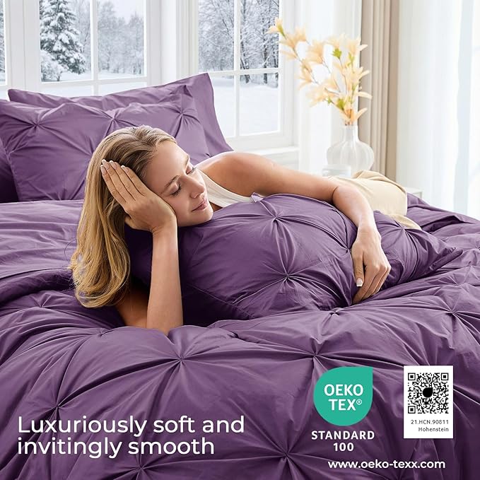 Sasttie Queen Comforter Set, 7-Piece Bed in a Bag, Pintuck Bedding Sets for All Season, Includes Comforter, Flat Sheet, Fitted Sheet, Pillowcases and Pillowshams, Grape Purple