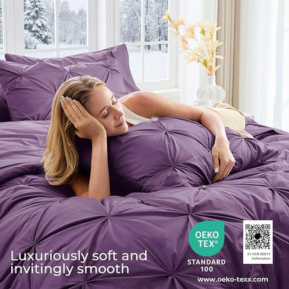 Sasttie King Size Comforter Set, 7-Piece Bed in a Bag, Pintuck Bedding Set for All Season, Includes Comforter, Flat Sheet, Fitted Sheet, Pillowcases and Pillowshams, Grape Purple
