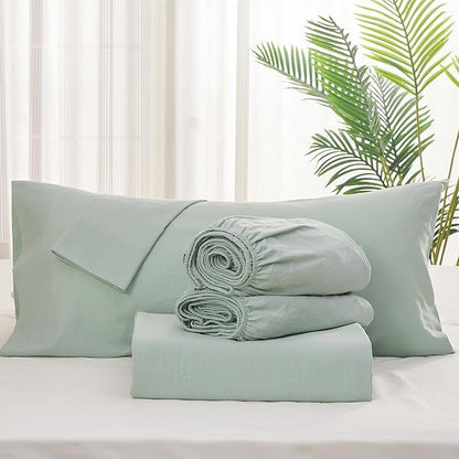 Simple&Opulence Belgian Linen Sheet Set Solid Color - 5 Pieces (1 Flat Sheet, 2 Fitted Sheets & 2 Pillowcases) Natural Flax Cotton Blend Soft Breathable Farmhouse Bedding - Split King Size, Mint Green